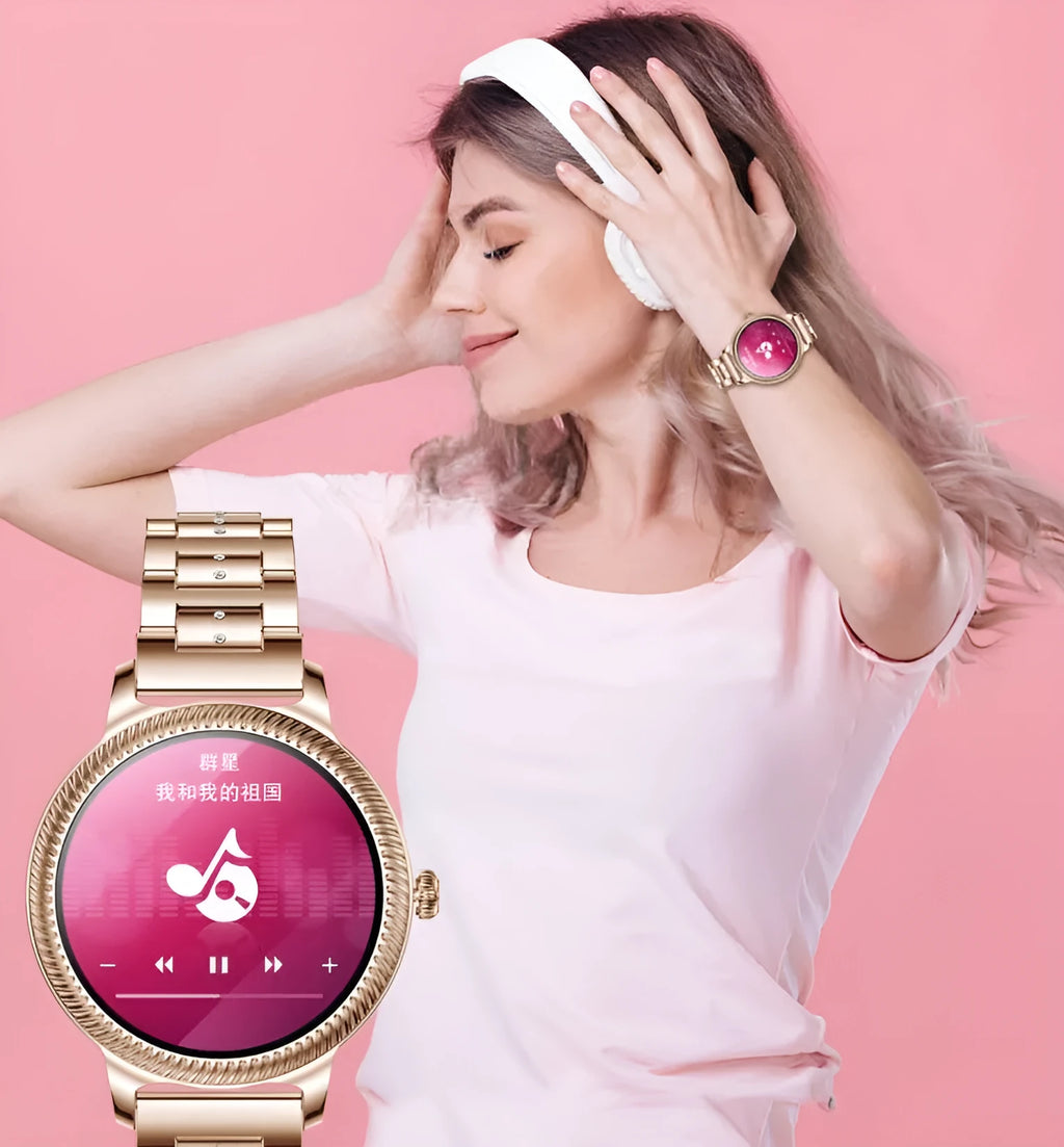 AK38 ladies smart watch with stainless steel Milanese strap and colour display.