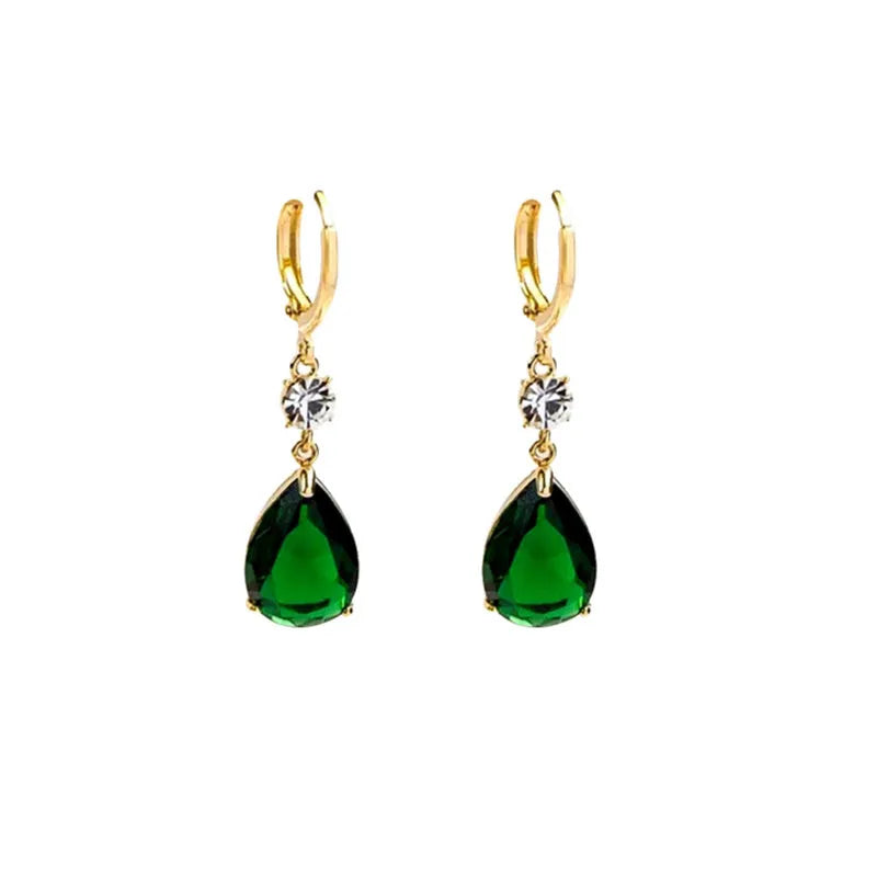 A pair of green geometric teardrop earrings made from alloy metal.