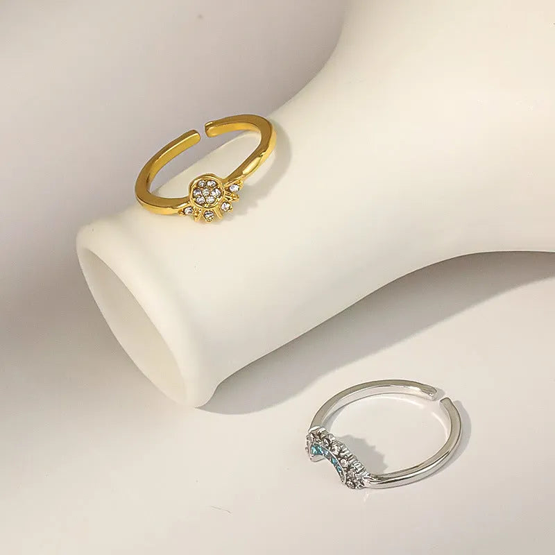 Sun And Moon diamond-studded alloy geometric couple ring set with sun and moon motifs