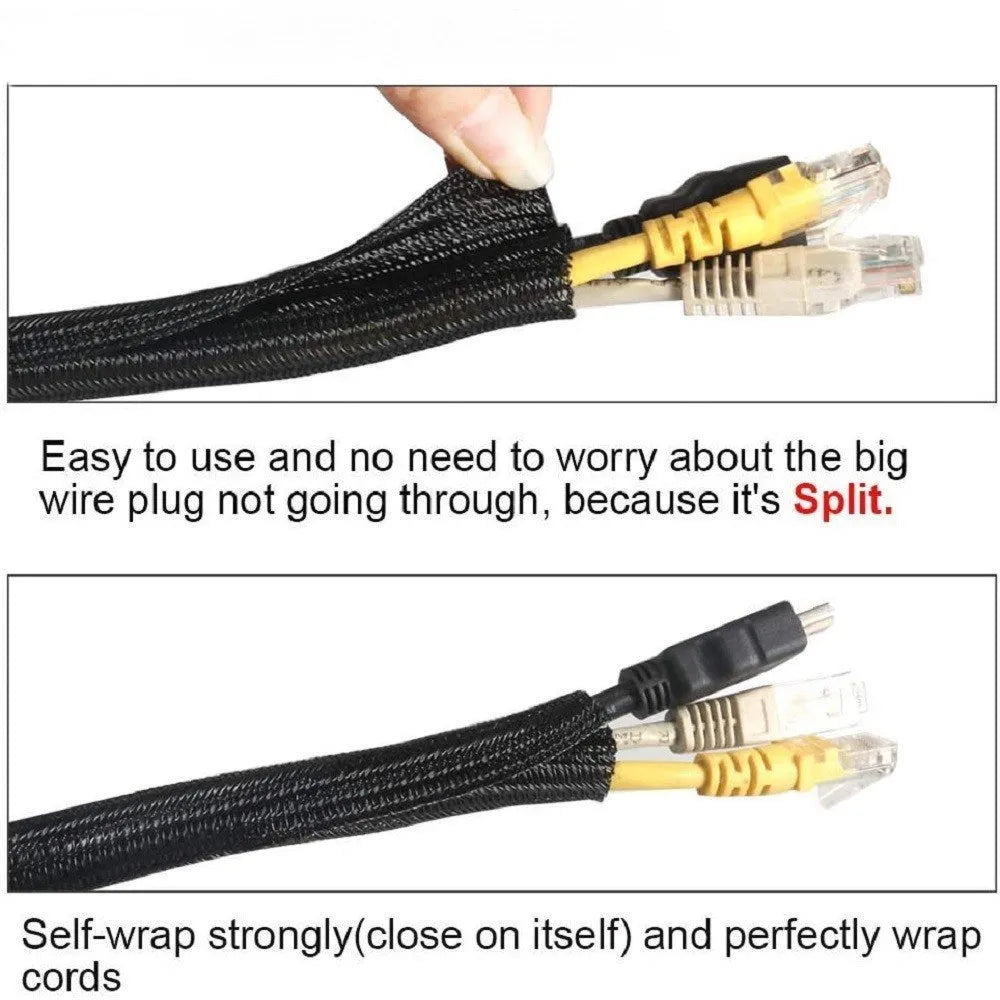 Black self-winding polyester mesh sleeve for protecting automotive wires and cables, shown in a 1 metre length.