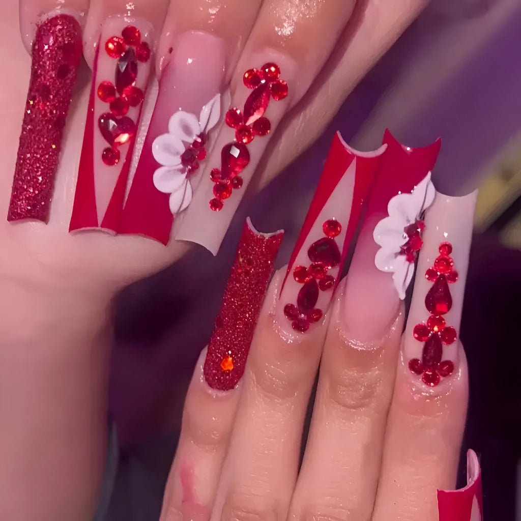 Sweet flower pattern press-on nails with red diamond decoration in European square shape