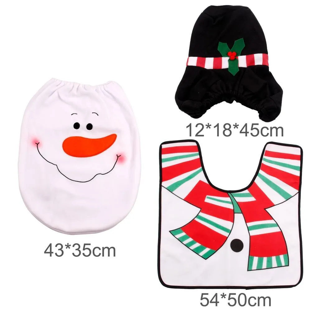 Christmas bathroom set with flannel shower curtain, toilet cover and floor mat featuring Santa design