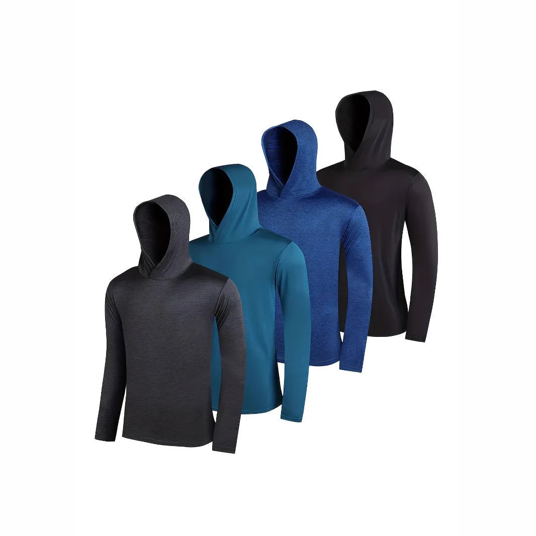 Men's 4-piece lightweight hoodie set in elastic polyester fabric with mix of hooded and regular tops