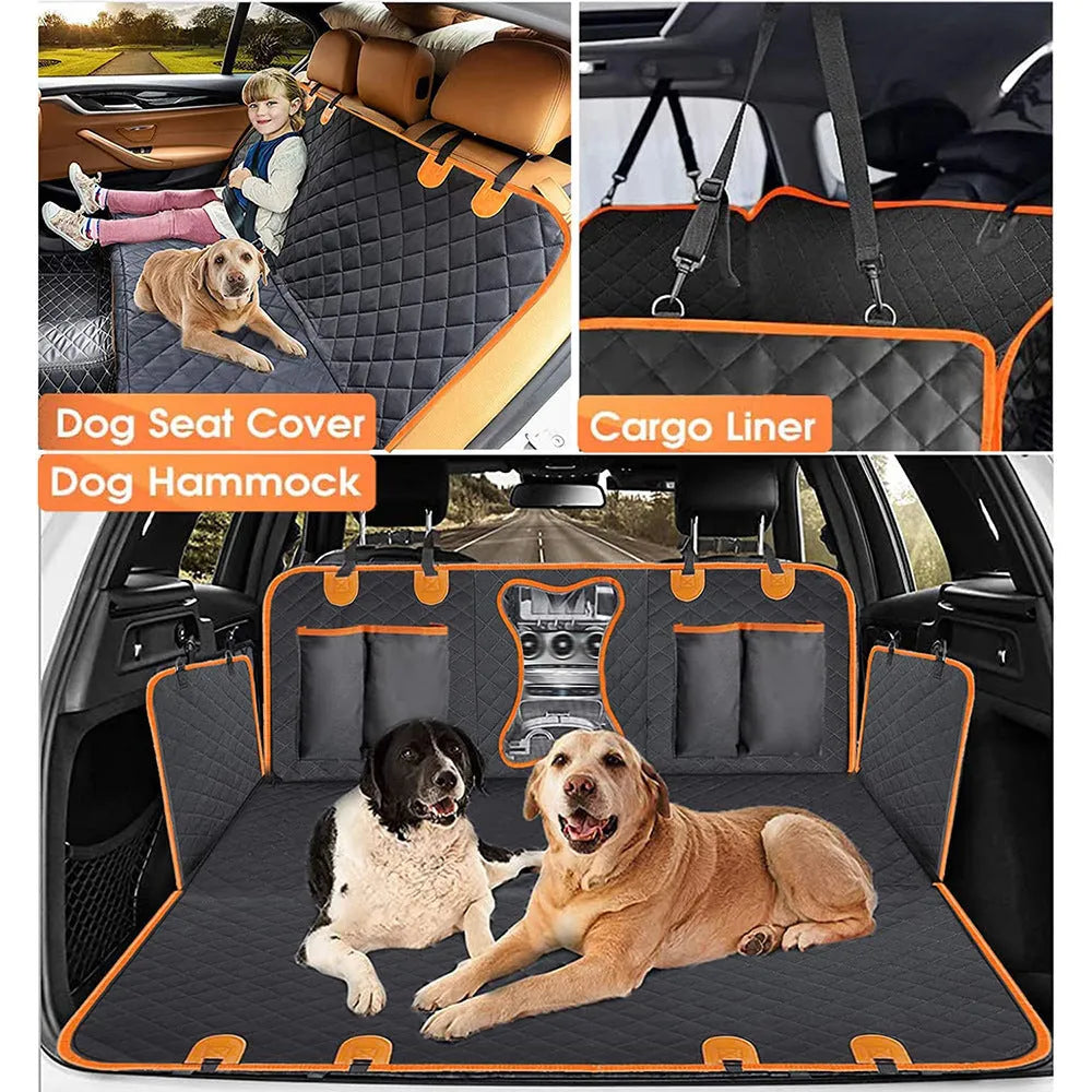 Black pet car seat mat with orange trim, showing mesh window and storage pocket on rear seat.