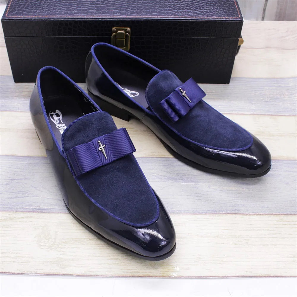 Men's low-top leather shoes with tassel detail in patent leather, available in black, blue, brown, and red.