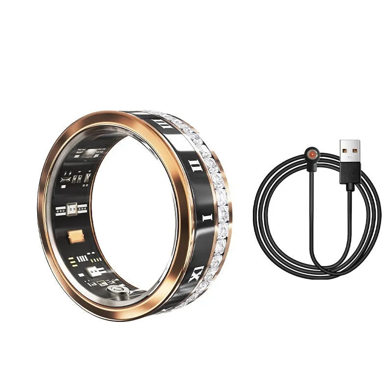 Silver and gold diamond inlaid smart rings for adults showing wearable technology on finger.