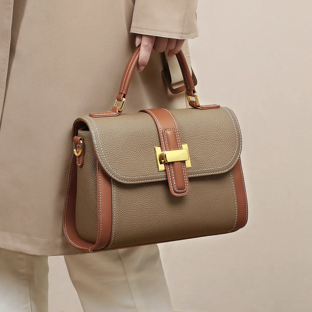 Genuine leather one-shoulder handbag in elephant gray, first layer cowhide, 24cm wide, horizontal square shape, contrast colour details