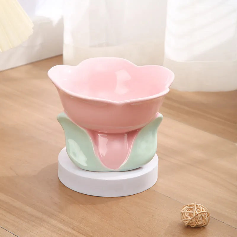 Blue floral ceramic raised pet feeding bowl with non-slip base for cats and small dogs