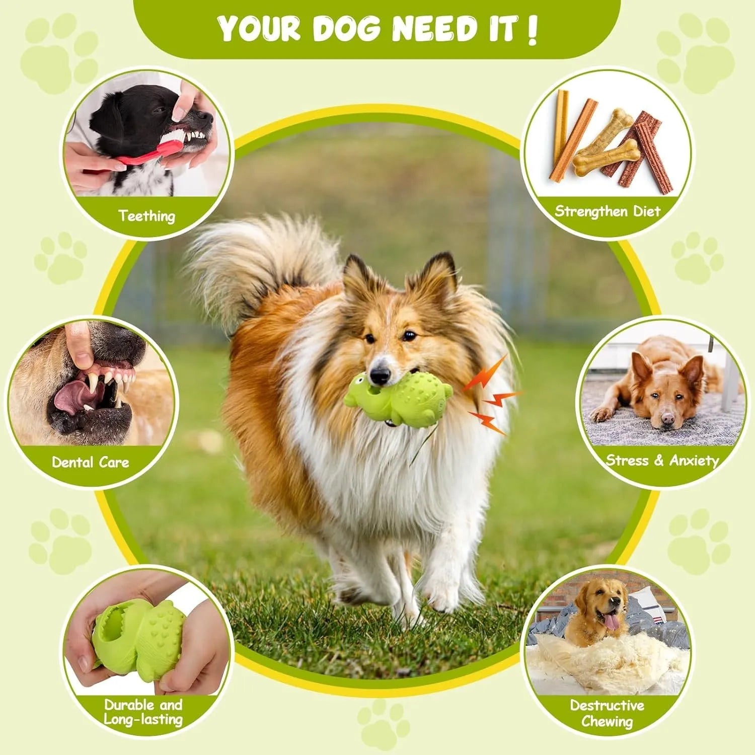 Green and yellow natural rubber dog toy for aggressive chewers with squeaker and fillable centre