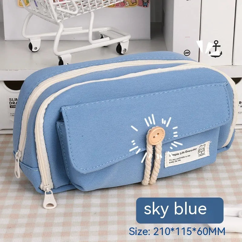 Canvas button pencil case in green colour showing large capacity for approximately 80 pens with Korean style design