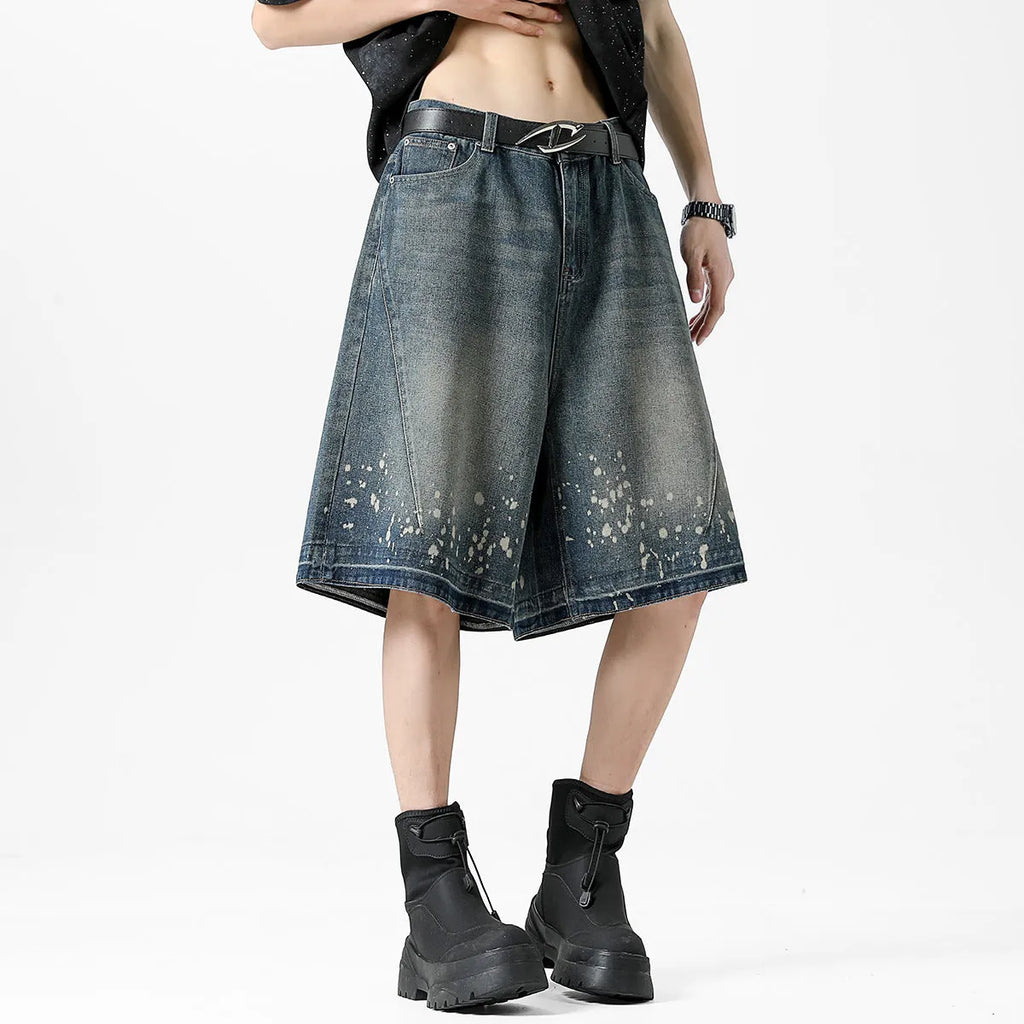 Retro washed denim men's shorts with ripped and splash ink detailing in retro blue colour, straight-leg five-point cut