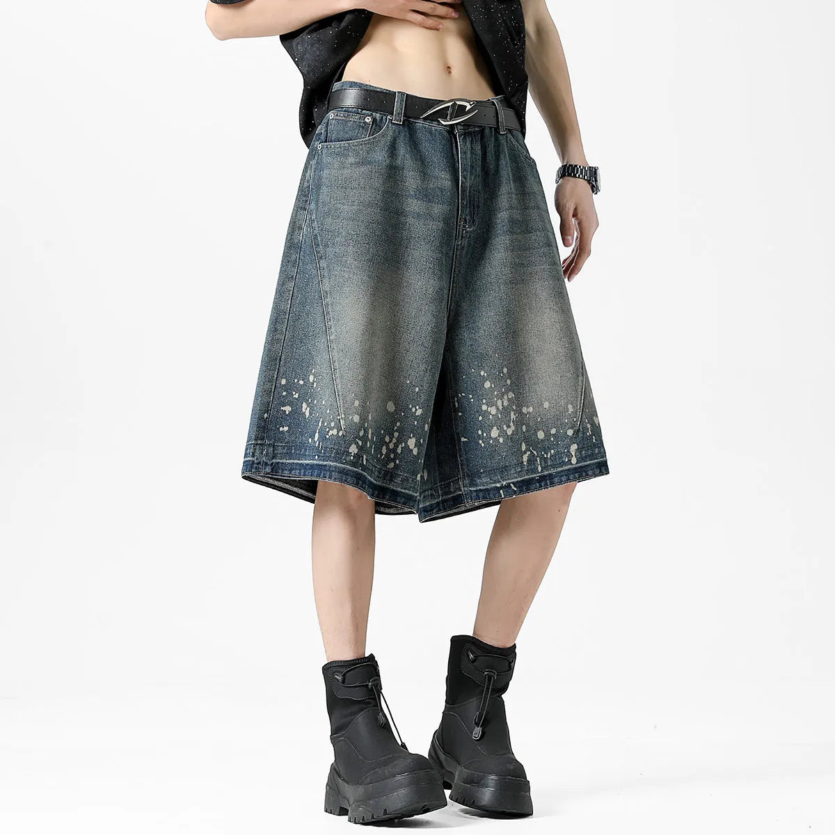 Retro washed denim men's shorts with ripped and splash ink detailing in retro blue colour, straight-leg five-point cut