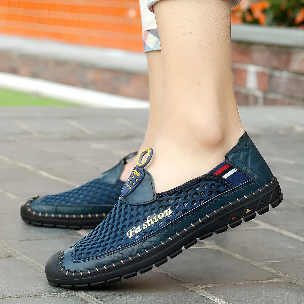 Men's brown casual mesh shoes with a rounded toe and sewn rubber sole.