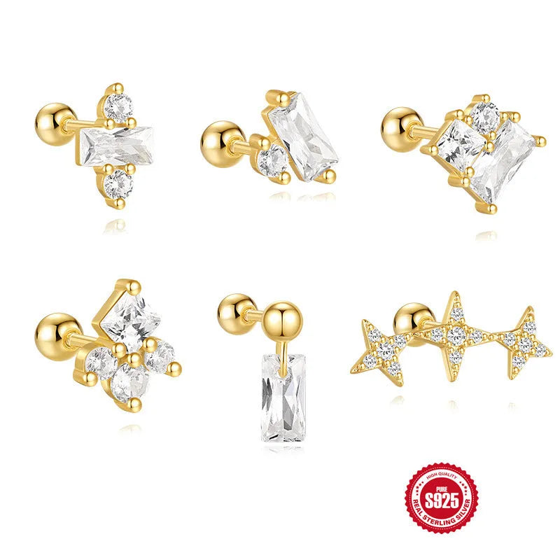 S925 sterling silver square gravel stud earrings with electroplated golden finish and flower shape design