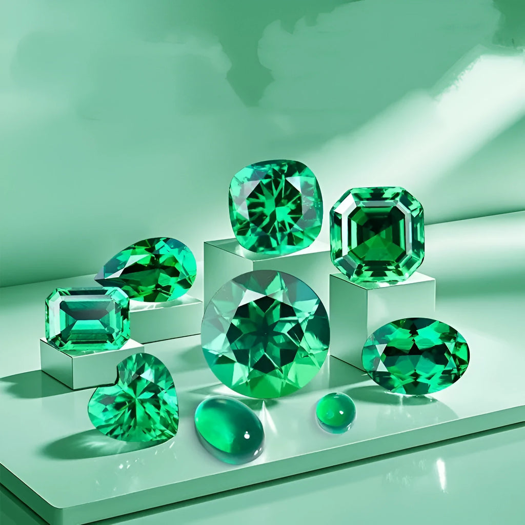 Cultivated emerald gemstone in Columbia green treasure colour showing round and grandmother cut shapes