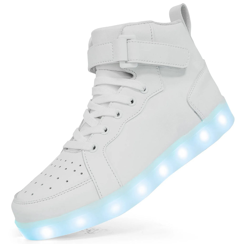 LED high-top board shoes in black, gold and white colours with Velcro fastening and rubber soles