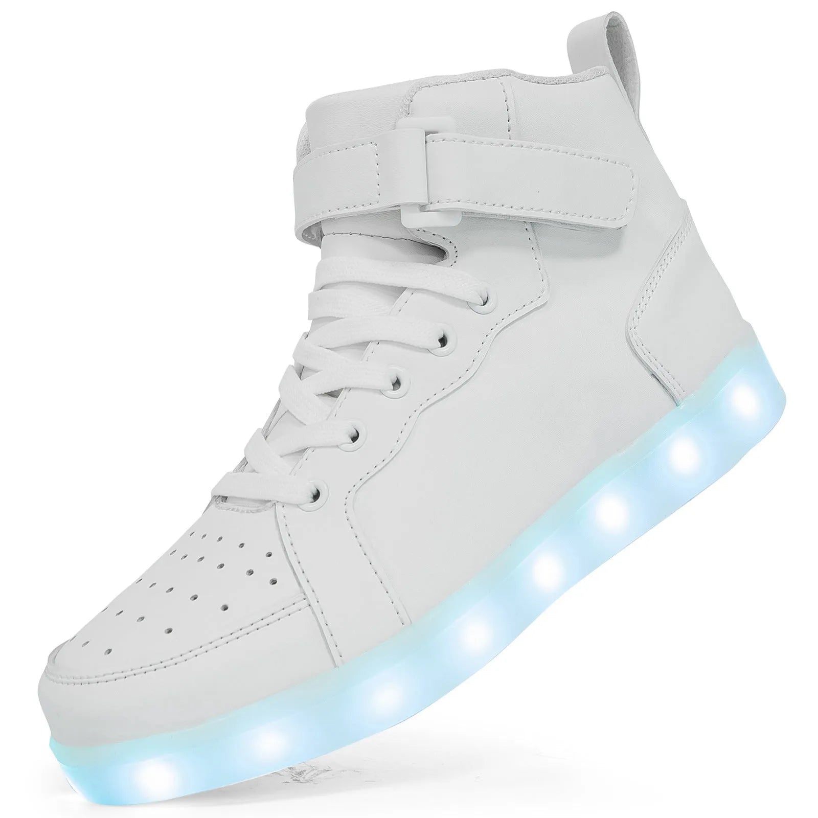 LED high-top board shoes in black, gold and white colours with Velcro fastening and rubber soles