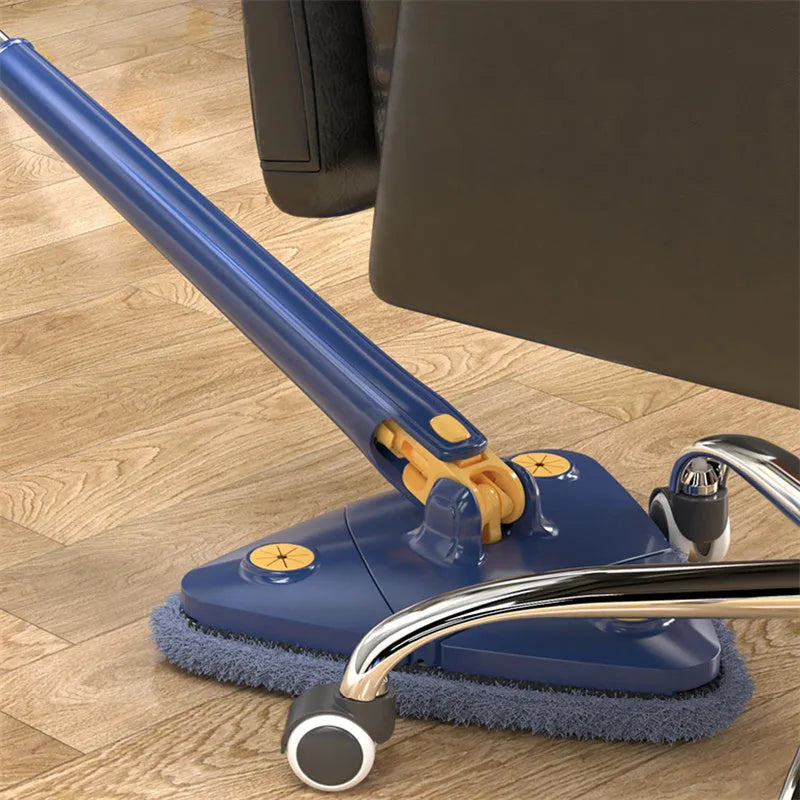 Blue extendable triangle cleaning mop with 360-degree rotating head and stainless steel pole