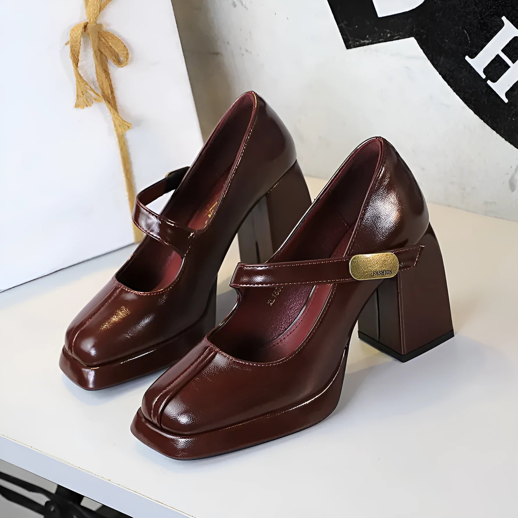 Retro high heel sandals with metal buckle strap, platform sole, square toe, in anchor red colour