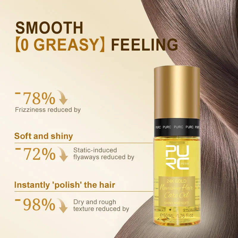 Yellow-tinted hair care essential oil in 50ml bottle for curly hair repair and scalp treatment