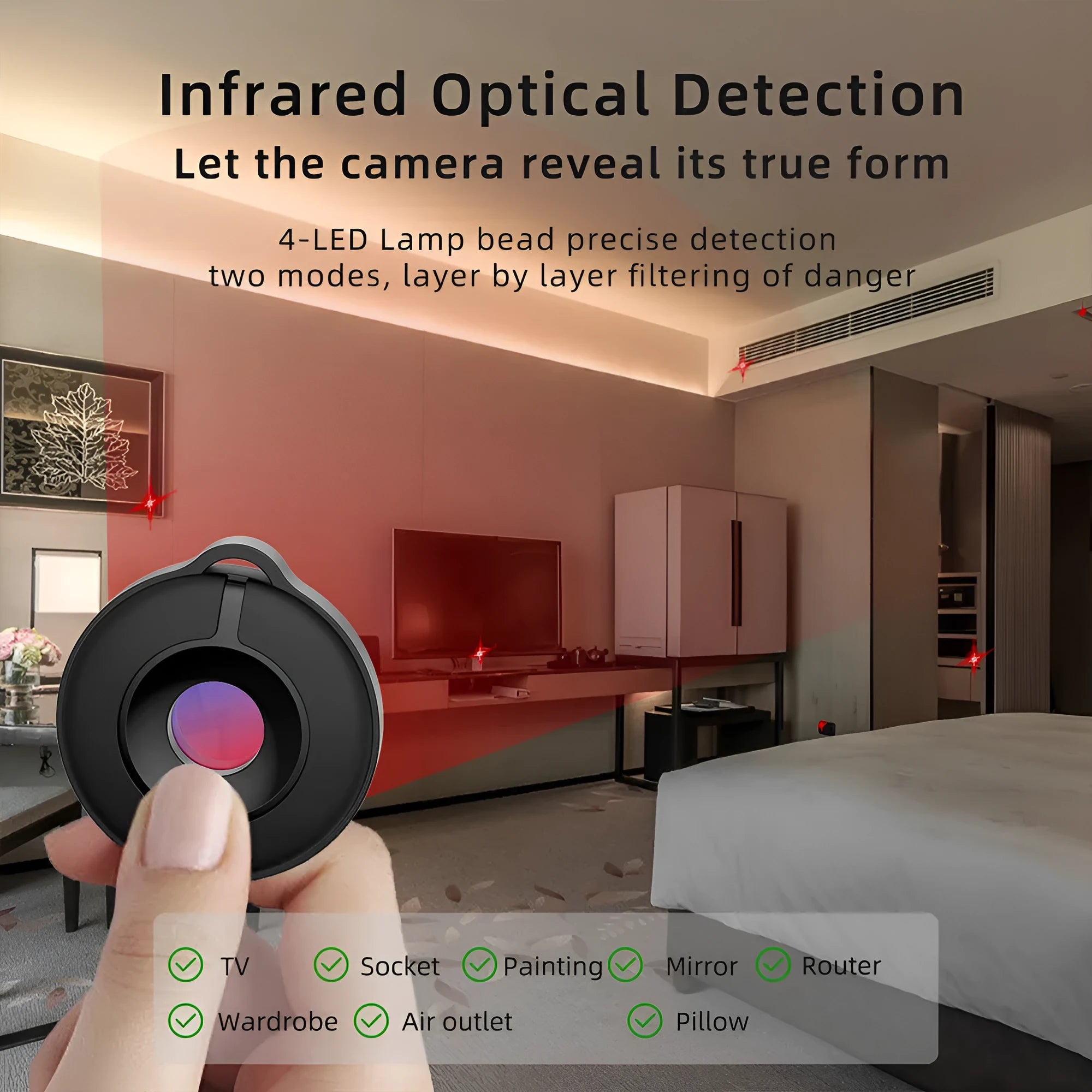 Compact infrared camera detection device with minimalist design for finding hidden surveillance cameras
