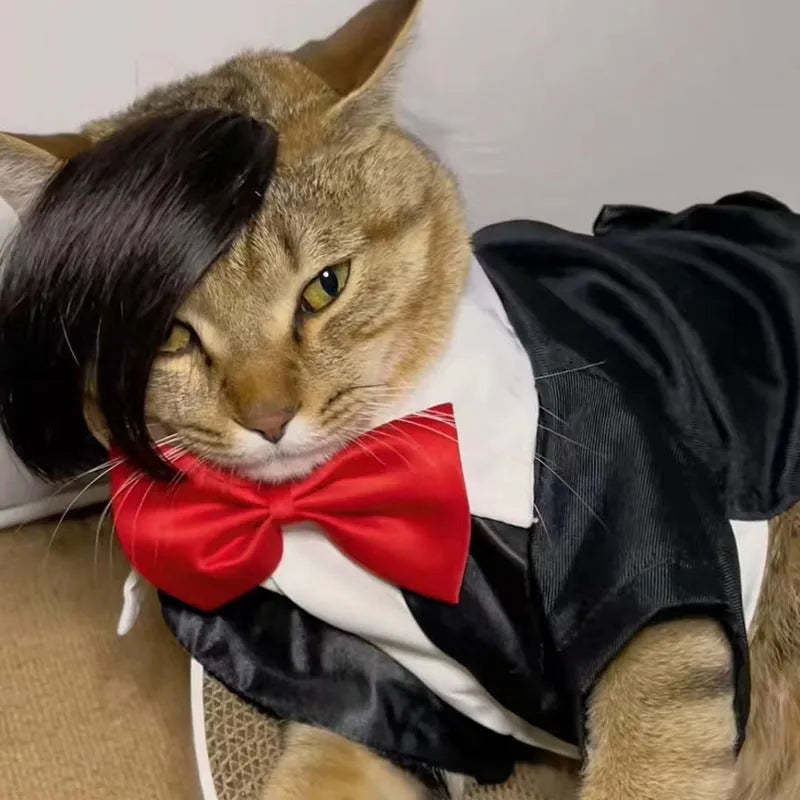 Black polyester cat wig with imitation braid design for fox costume dressing