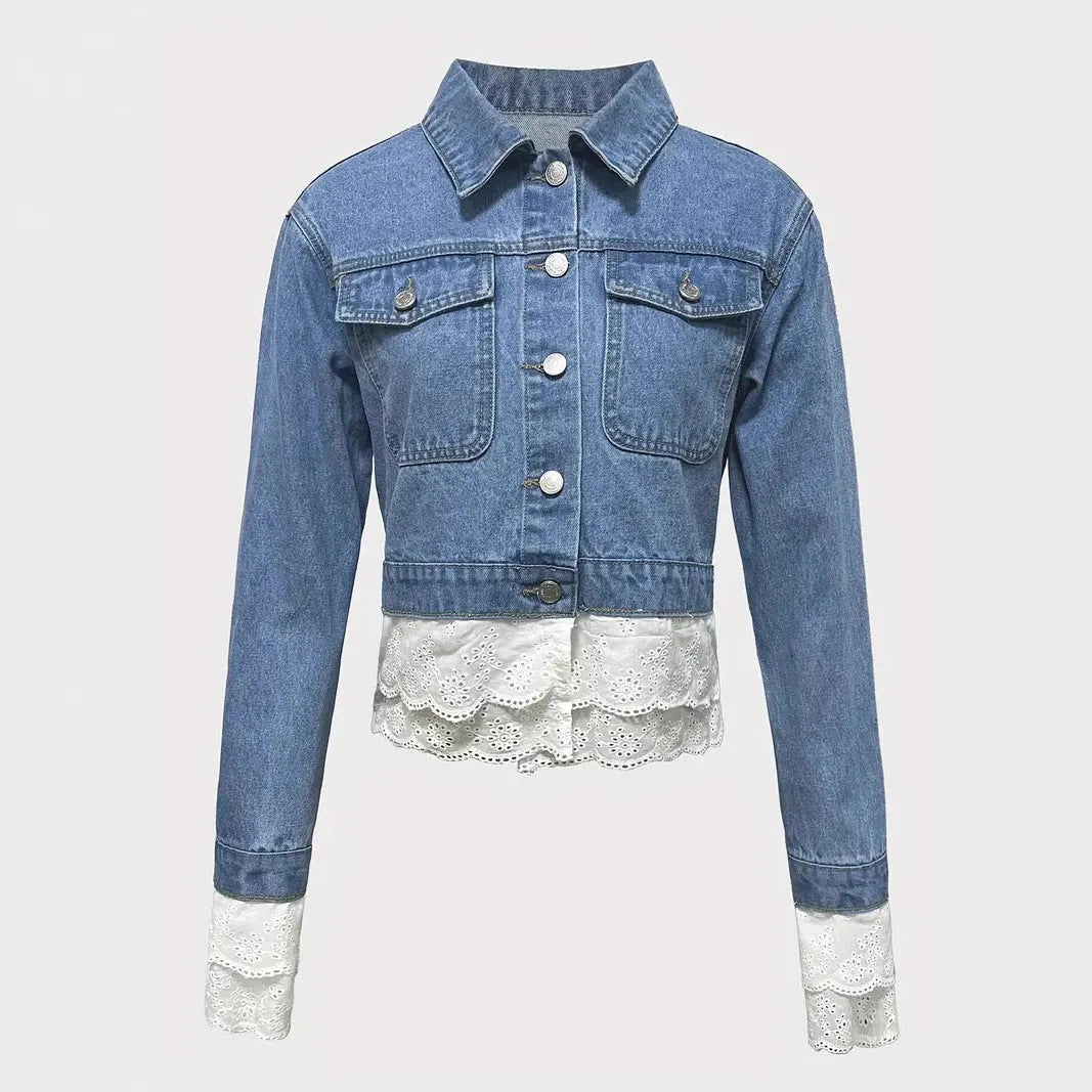 Blue lace stitching fashion denim jacket for women long sleeve cotton coat