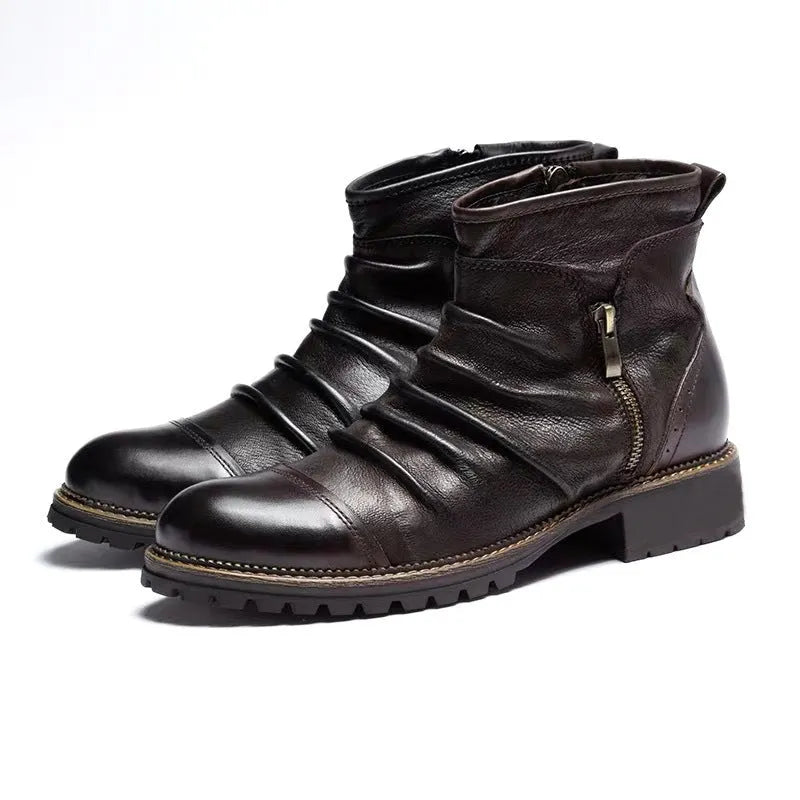 Black PU leather cowboy boots with side zipper and a mid-level heel.