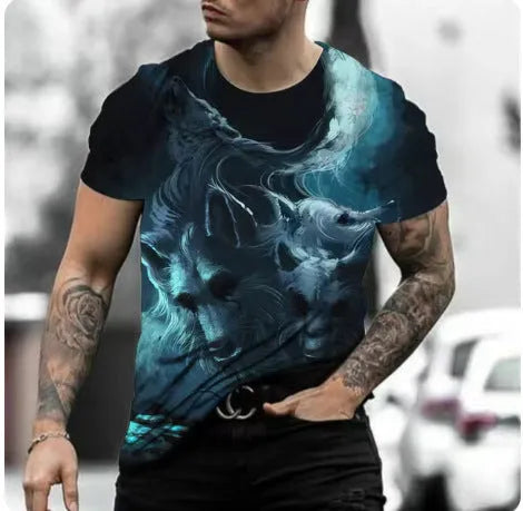 Retro 3D animal print on a men's short-sleeved grey t-shirt made of thin polyester fabric.