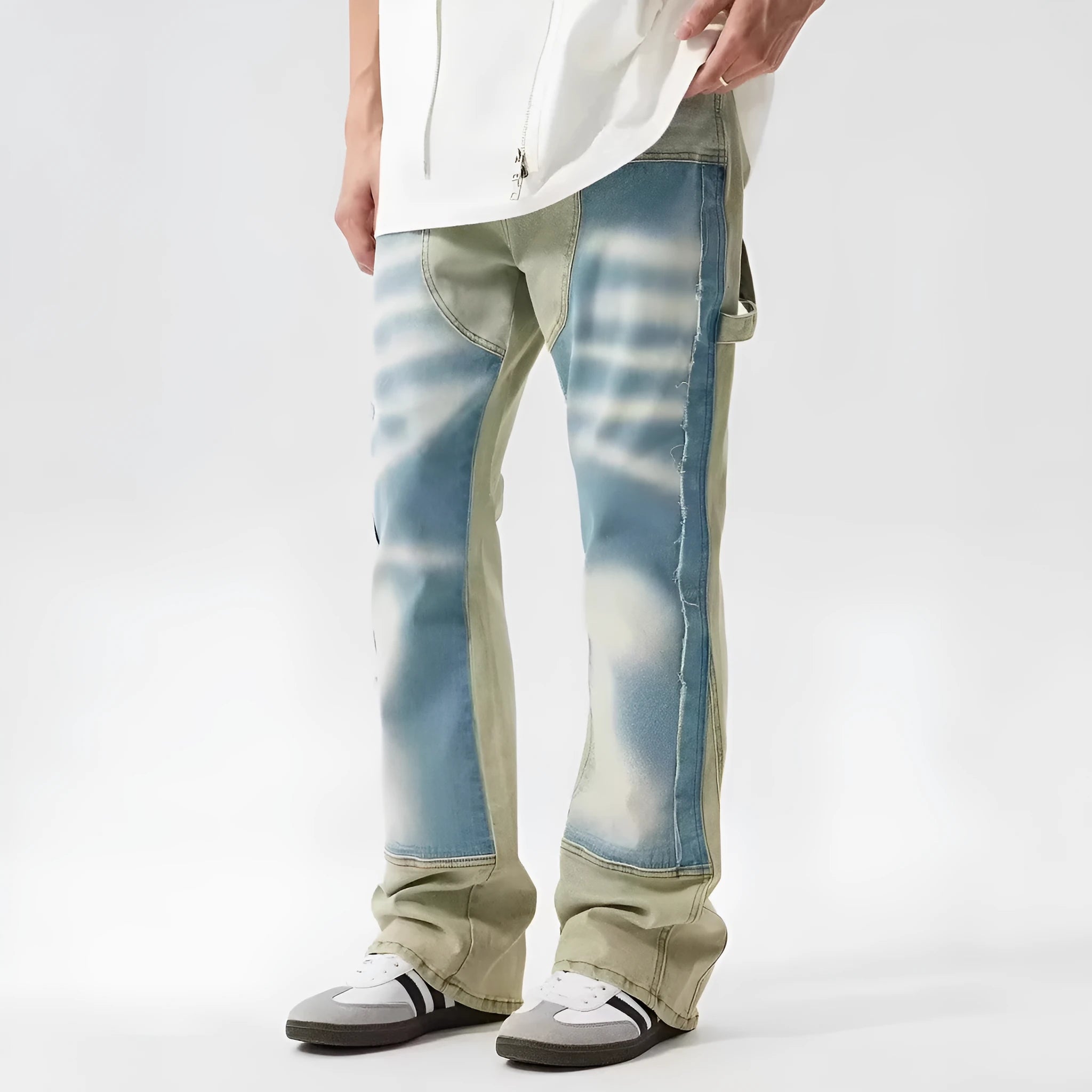Retro yellow and blue patchwork jeans with splash-ink damaged design detail