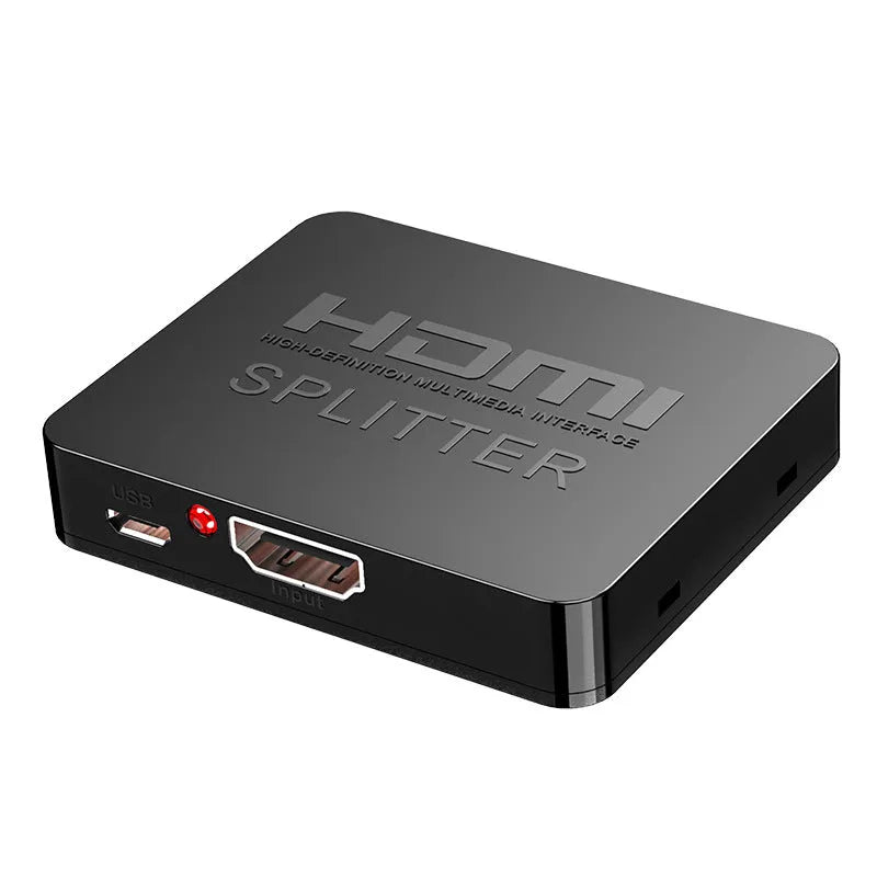 HDMI splitter device with one input and two output ports, USB power cable, and international plug adapters.