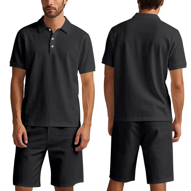 Summer men's casual linen blend shorts suit set in light blue with short-sleeve shirt and matching shorts on model