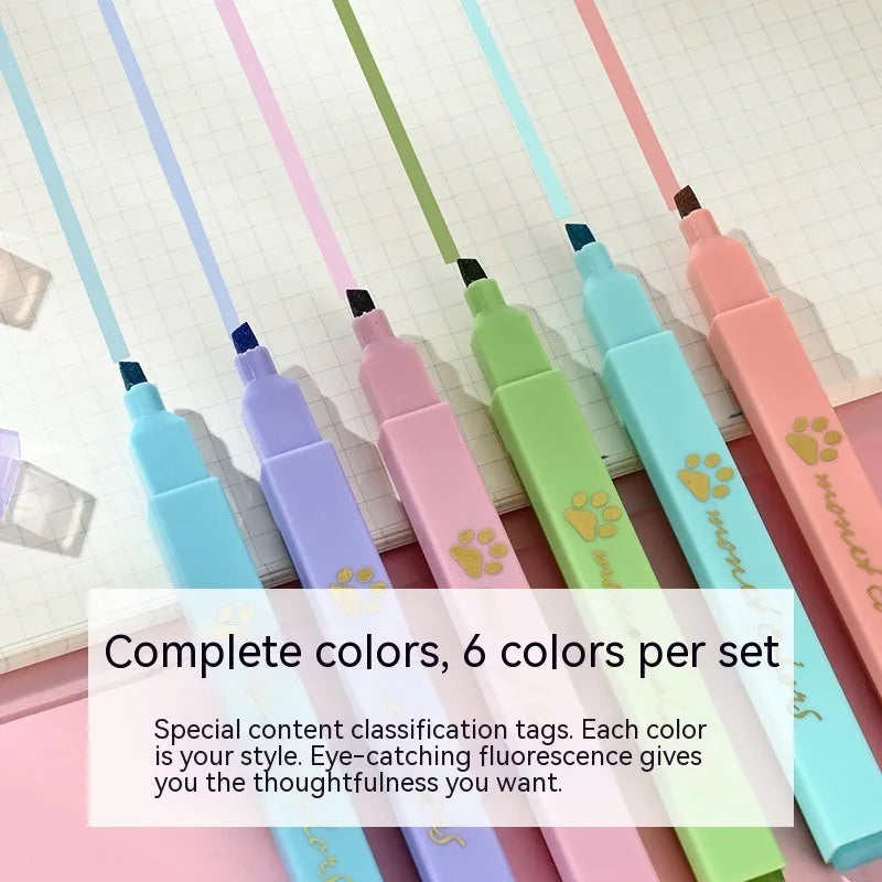Box of six Cat's Paw fluorescent marking pens with oblique head tips in assorted colours.