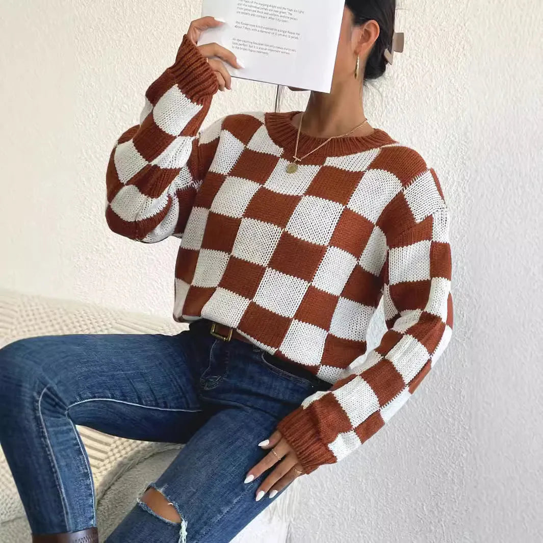 Dark brown plaid acrylic pullover sweater with round neck and long sleeves
