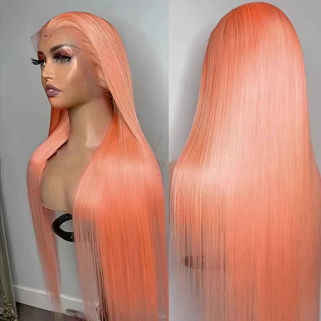 Light orange long straight front lace chemical fiber wig with side bangs on a mannequin head