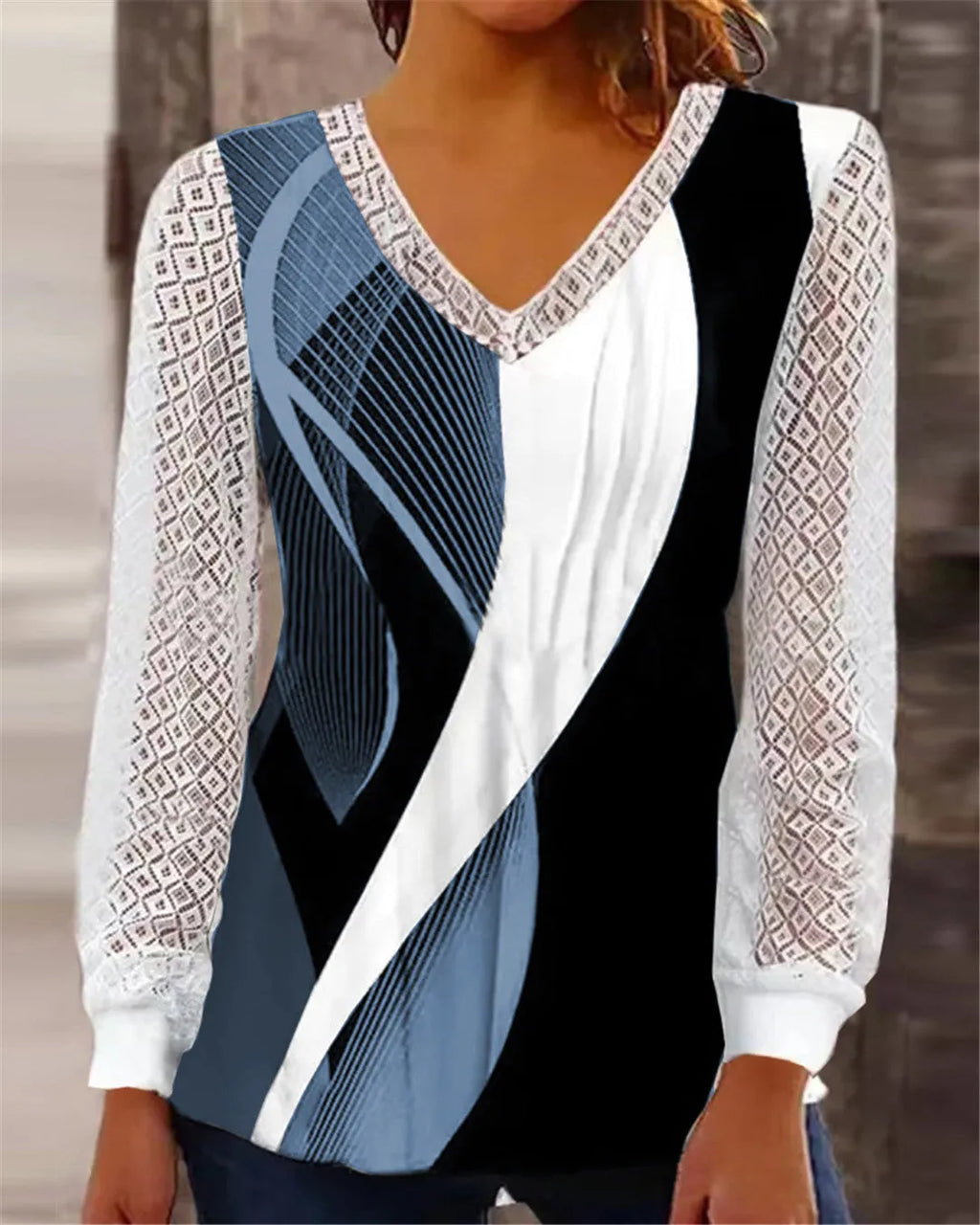 V-neck loose print hollow-out lace top for women, long sleeve pullover, purple colour, medium length 65cm