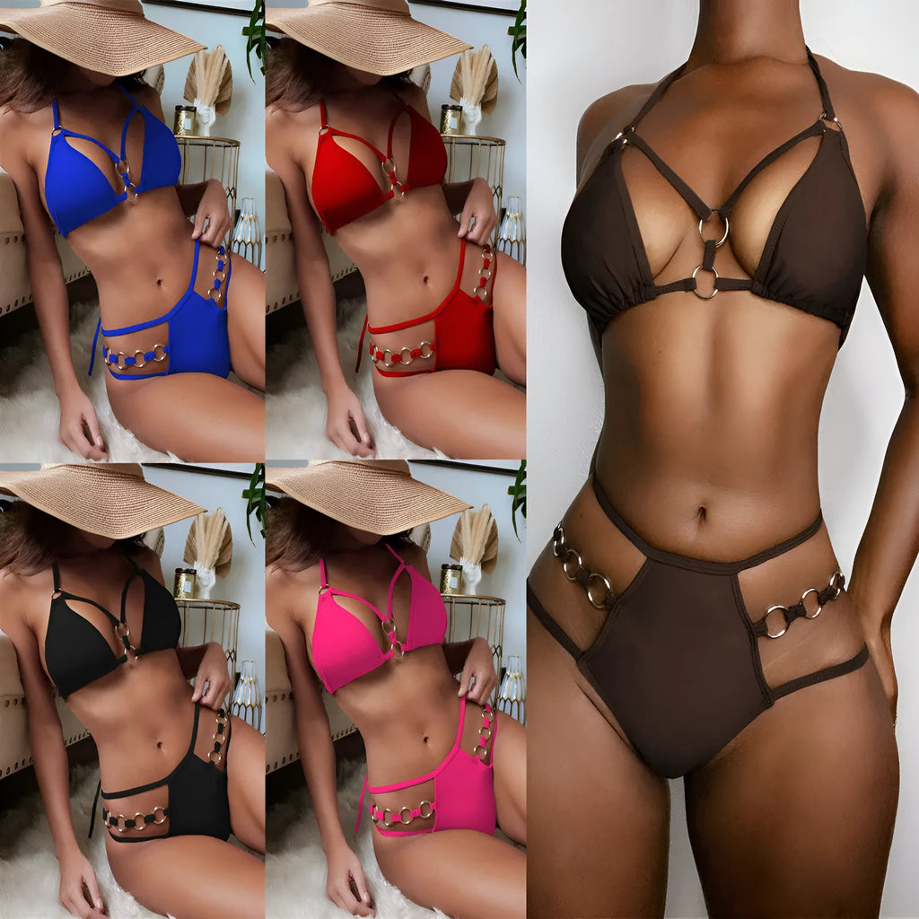 Women's pure colour nylon bikini set with matching shorts in five colour options