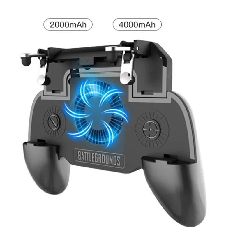 Black mobile game controller with ergonomic grips and action buttons for smartphone gaming