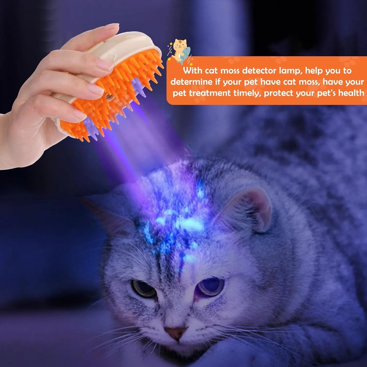 Yellow multifunctional cat steam brush with silicone teeth, water compartment, and ringworm detector lamp