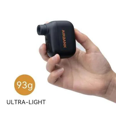 Black AS100 mini electric bike tyre pump with USB charging cable and waterproof storage bag