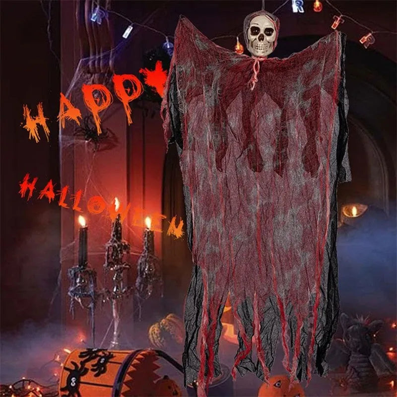 Halloween hanging ghost pendant with dyed blood effect skull decoration on a tree branch