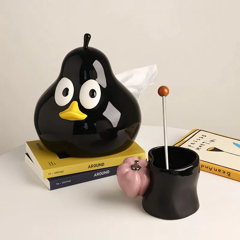 White ceramic pear-shaped tissue box holder in animal style with green finish