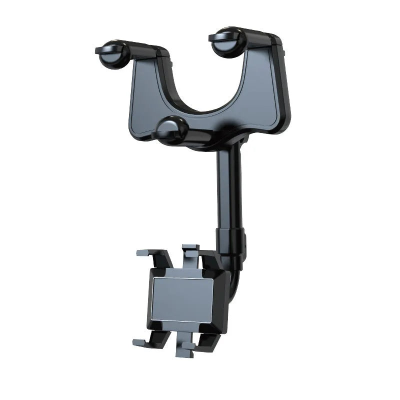 Black rearview mirror car phone holder with 360-degree rotation and telescopic arm extended