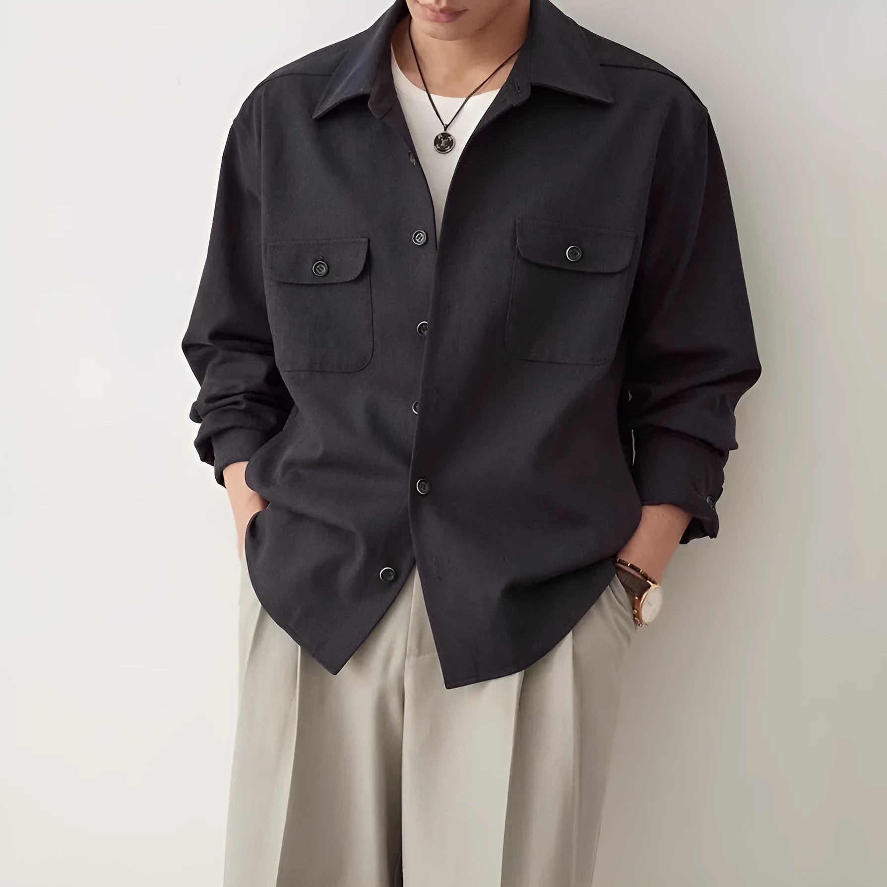 Men's cotton blend shirt with simple lapel in light sand rice or nautilidae colour.