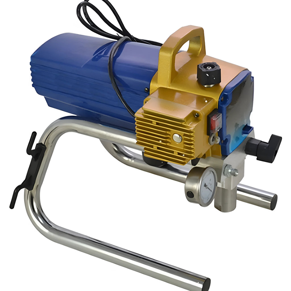Blue portable electric airless spraying machine with spray gun, hose, extension rod, and accessories on a workbench