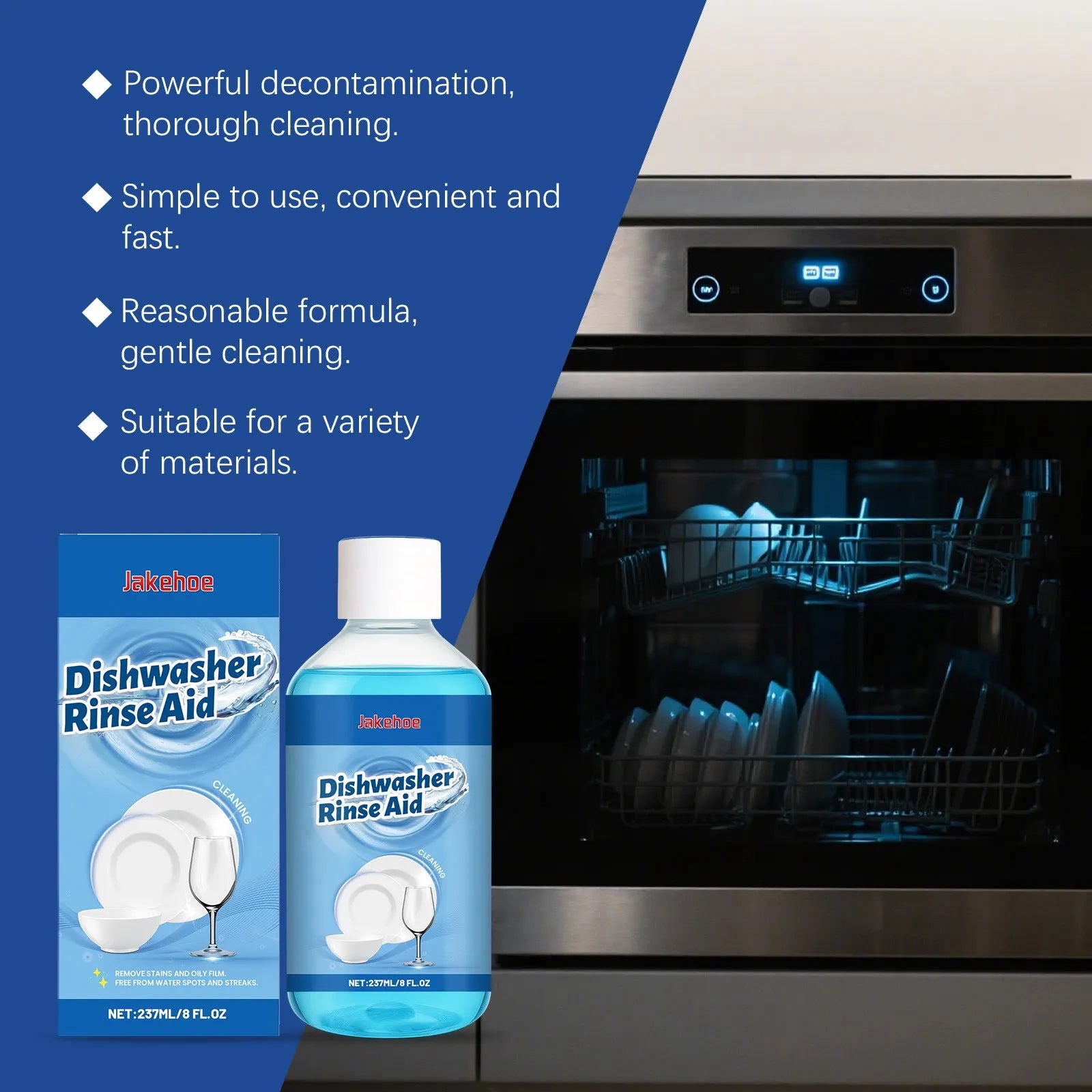 237ml bottle of liquid dishwasher detergent aid rinse agent for cleaning plates and kitchenware