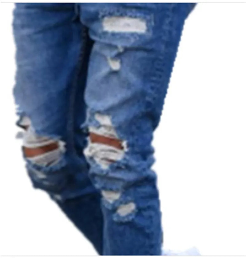 Men's distressed hole jeans in deep blue with slim fit and cotton fabric
