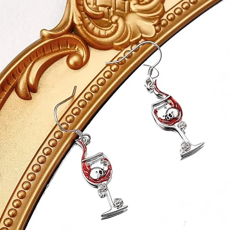 Halloween-themed geometric earrings with skull and wine glass design in electroplated zinc alloy