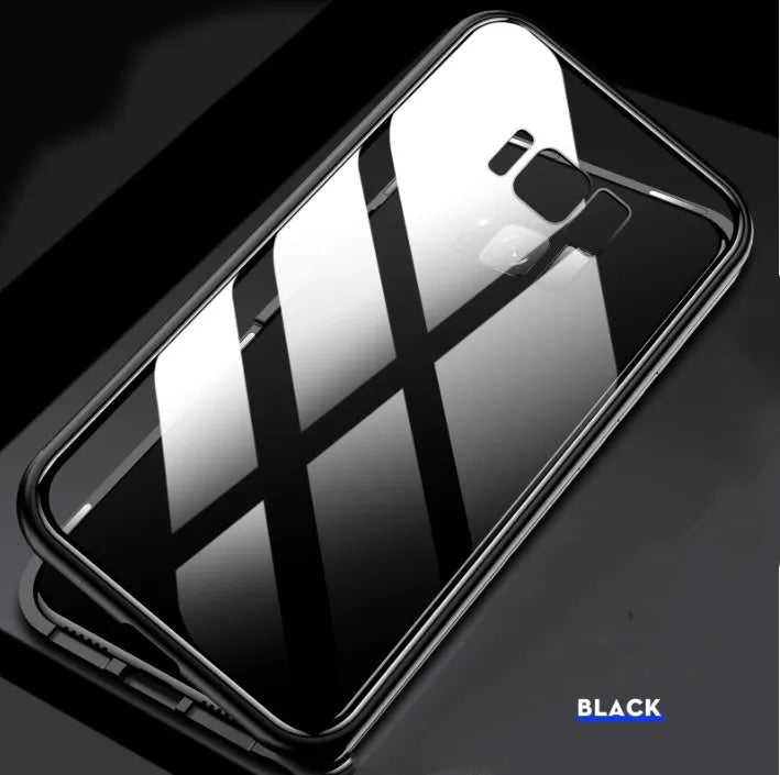 Black anti-peeping magnetic clamshell phone case for Samsung Galaxy smartphones shown closed.