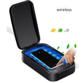 Blue and white portable UV disinfection box for mobile phones, showing size scale.